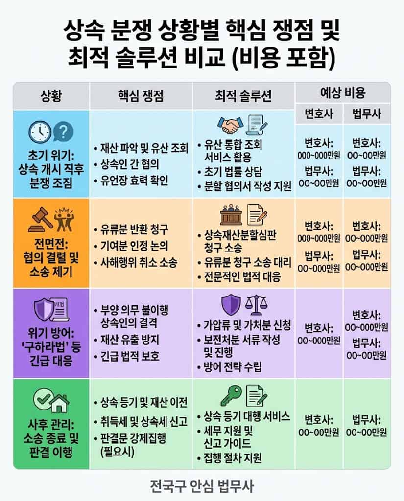 상황별 상속 분쟁 대응 대안 및 상속전문변호사 실비용 비교표 인포그래픽