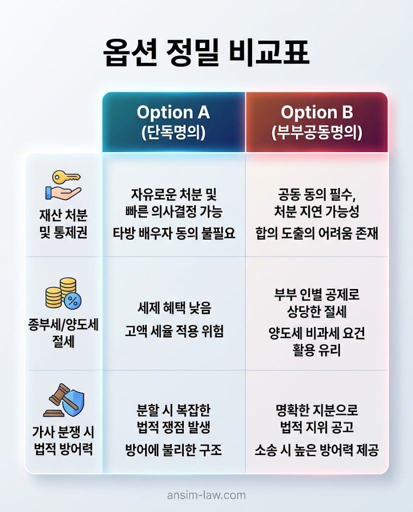 단독명의와 부부공동명의 변경의 재산 통제권 및 법적 방어력 정밀 비교표