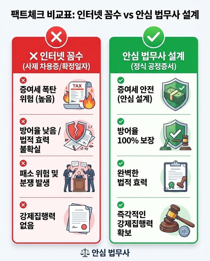 특수관계인 금전소비대차 인터넷 꼼수 차용증과 전국구 안심 법무사 가족간 차용증 공증의 법적 방어력 비교표
