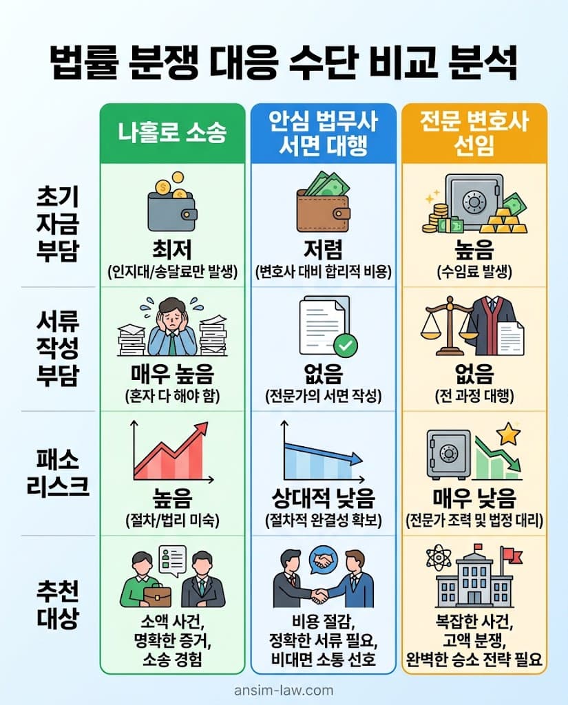 부동산소송비용 절감을 위한 나홀로 소송과 부동산전문법무사 대행 리스크 비교 표