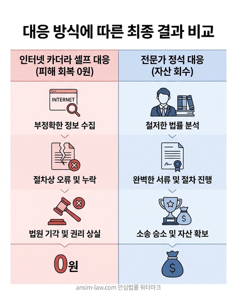 부당이득 반환 청구 소송 셀프 대응과 법률 전문가 정석 대응의 자산 회수 결과 비교표