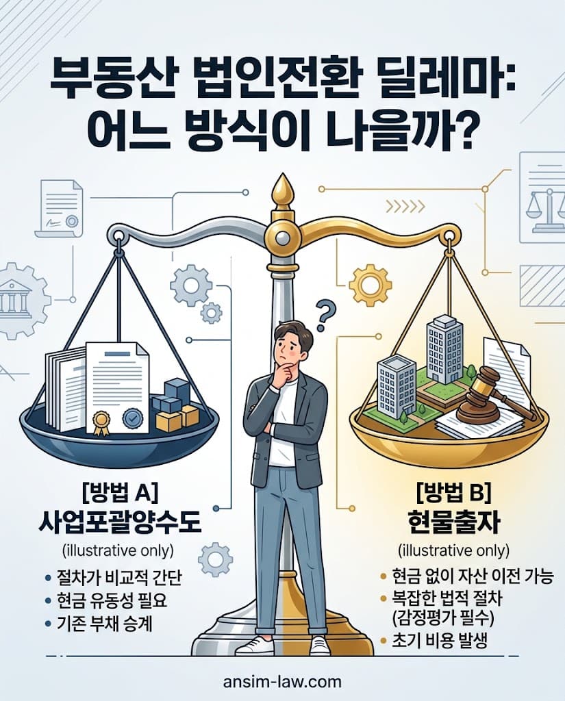 사업포괄양수도와 현물출자 방식 부동산 법인전환 초기 부동산법인설립비용 및 자금 비교 저울
