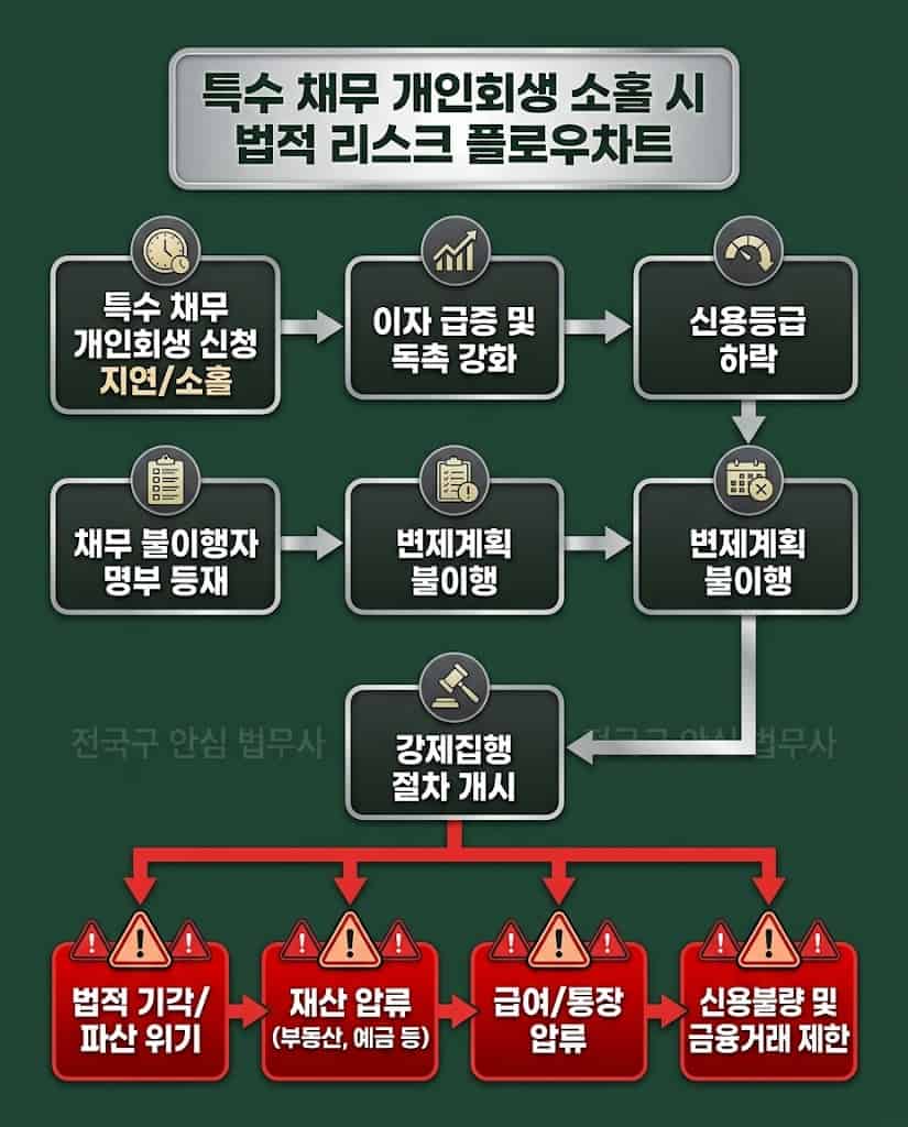 특수 채무 개인회생 중지명령 기각 및 부동산 강제경매 진행 리스크 구조도