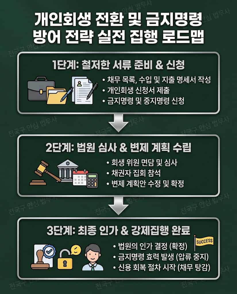 금지명령 획득 및 강제집행 방어 단계별 실전 절차 인포그래픽