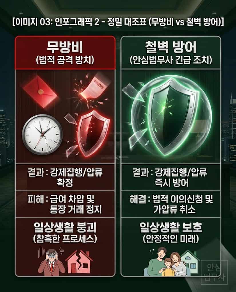 가압류 무방비 상태와 안심법무사 통장 압류 해제 방어 솔루션 대조표