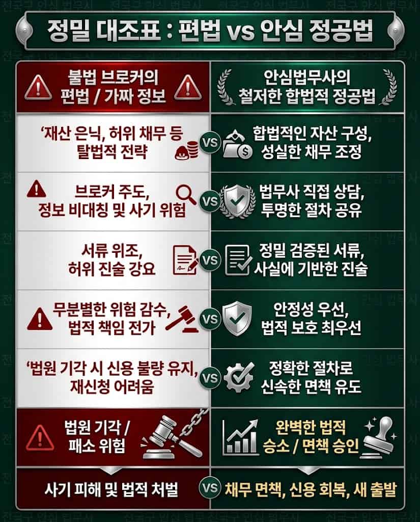 불법 명의대여 편법과 안심법무사 솔루션 결과 대조표