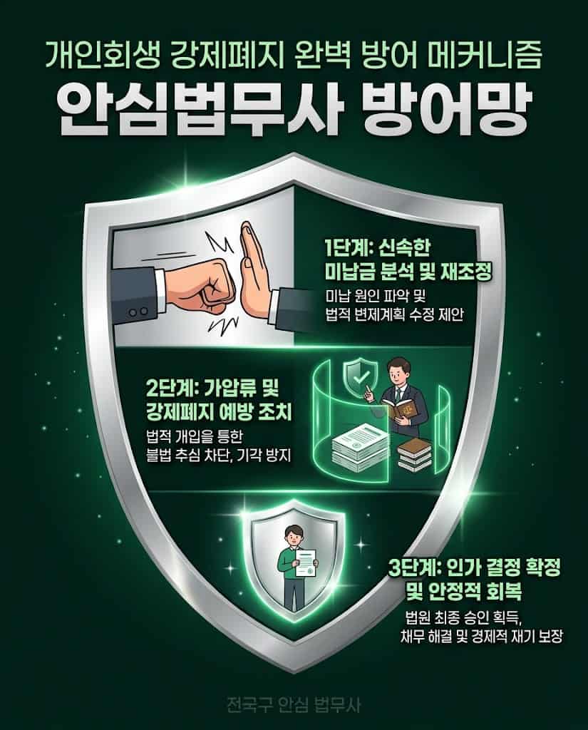 전국구 안심 법무사 개인회생 미납 폐지 특별면책 방어 구조도