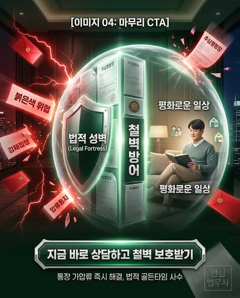 강제집행 방어 및 신속한 통장 압류 해제를 이뤄내는 법률 성벽 상징 이미지