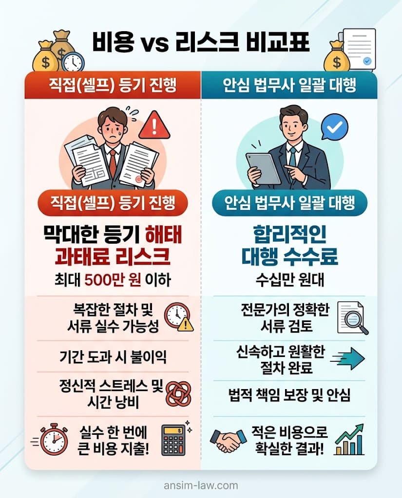 셀프 등기 시 법인등기변경비용 손실 리스크와 전국구 안심 법무사 수임료 비교표