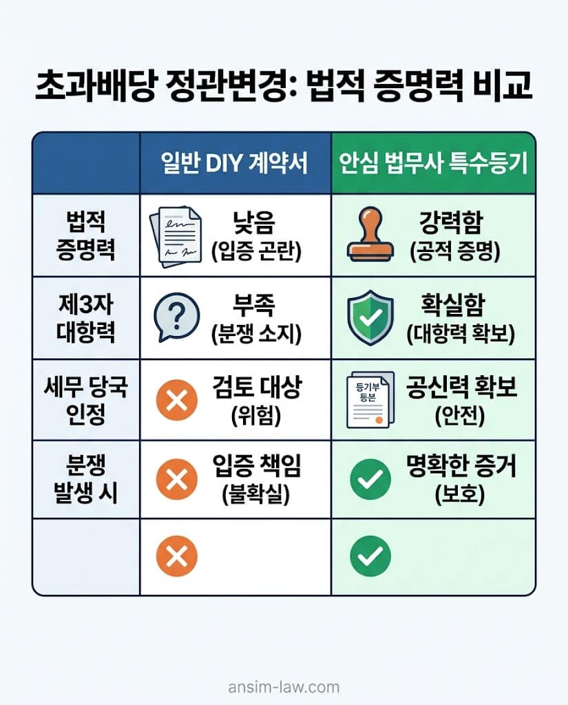 일반 계약서와 초과배당 정관 특수 등기의 법적 증명력 비교표 및 사해행위취소소송 방어 전략