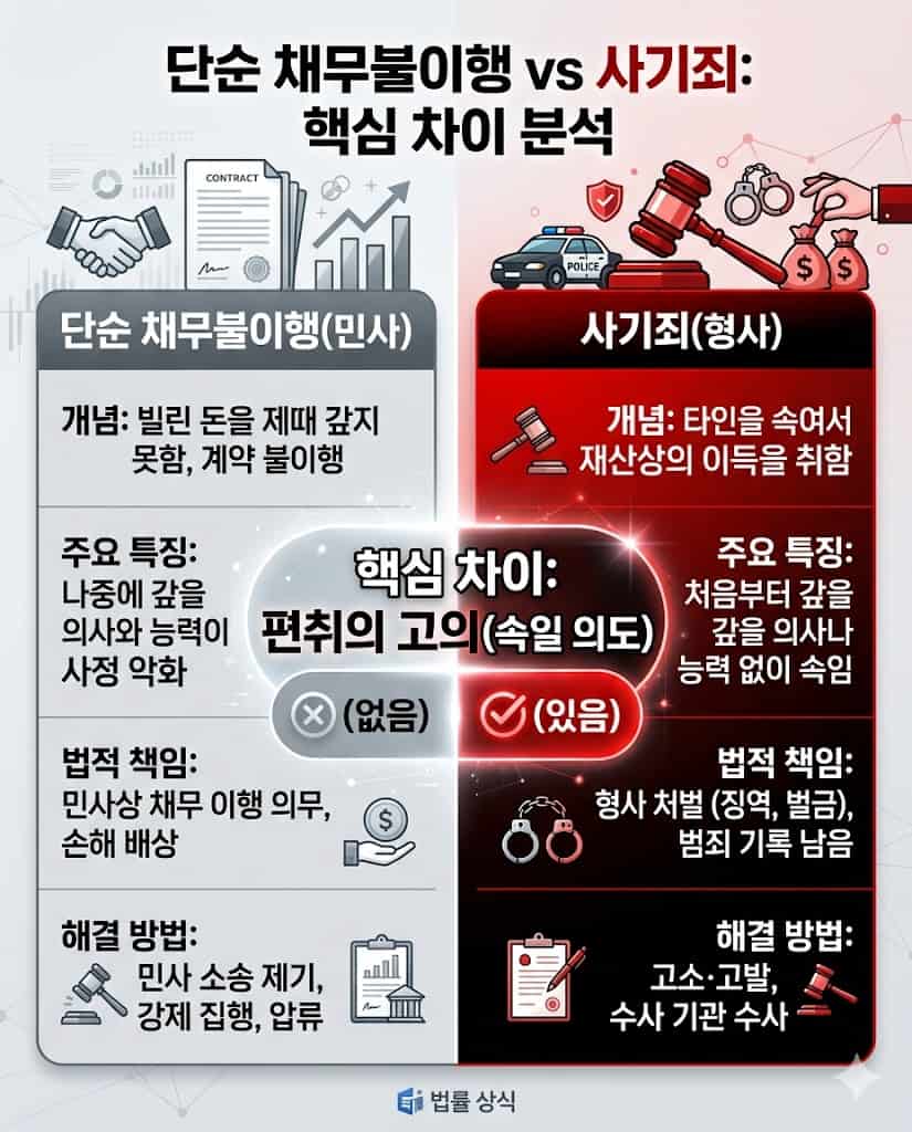 민사상 단순 채무불이행과 형사상 사기죄의 결정적 차이점을 비교 분석한 법률 정보 표