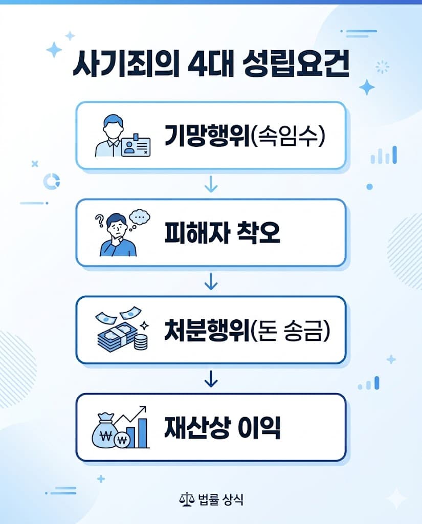 사기죄 성립의 필수 4요소인 기망, 착오, 처분행위, 재산상 이익의 인과관계를 설명하는 법률 인포그래픽