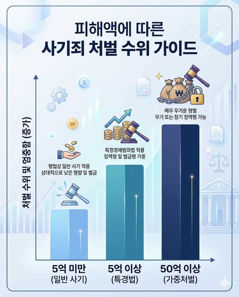일반 사기죄와 특경법이 적용되는 5억 원 이상 대형 사기 사건의 처벌 수위 비교 그래프