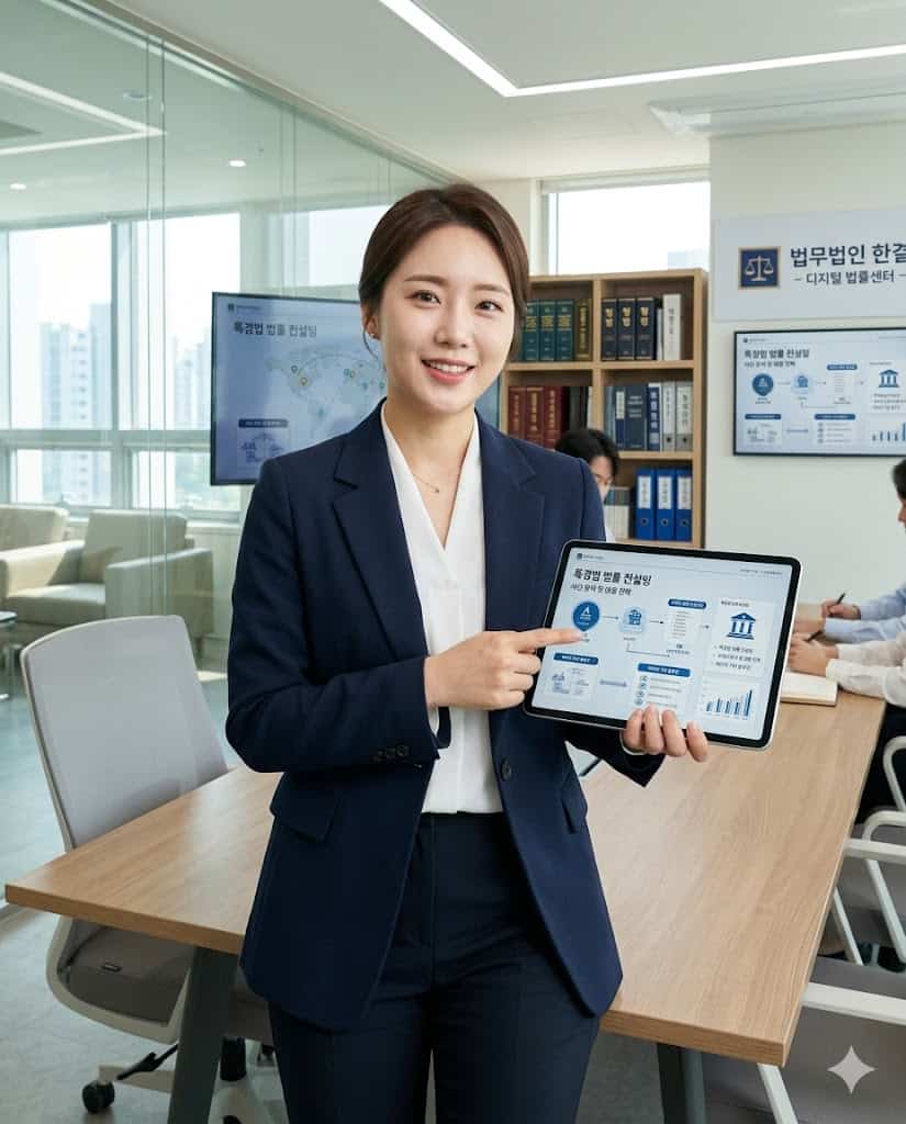 특경법 적용 기준 및 민형사 병행 전략에 대해 태블릿으로 상세히 브리핑하는 모습