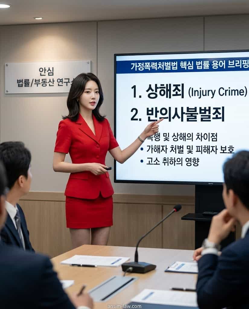 가정폭력 처벌법과 형법상 상해죄의 치명적 차이점을 브리핑하는 안심 법무사.