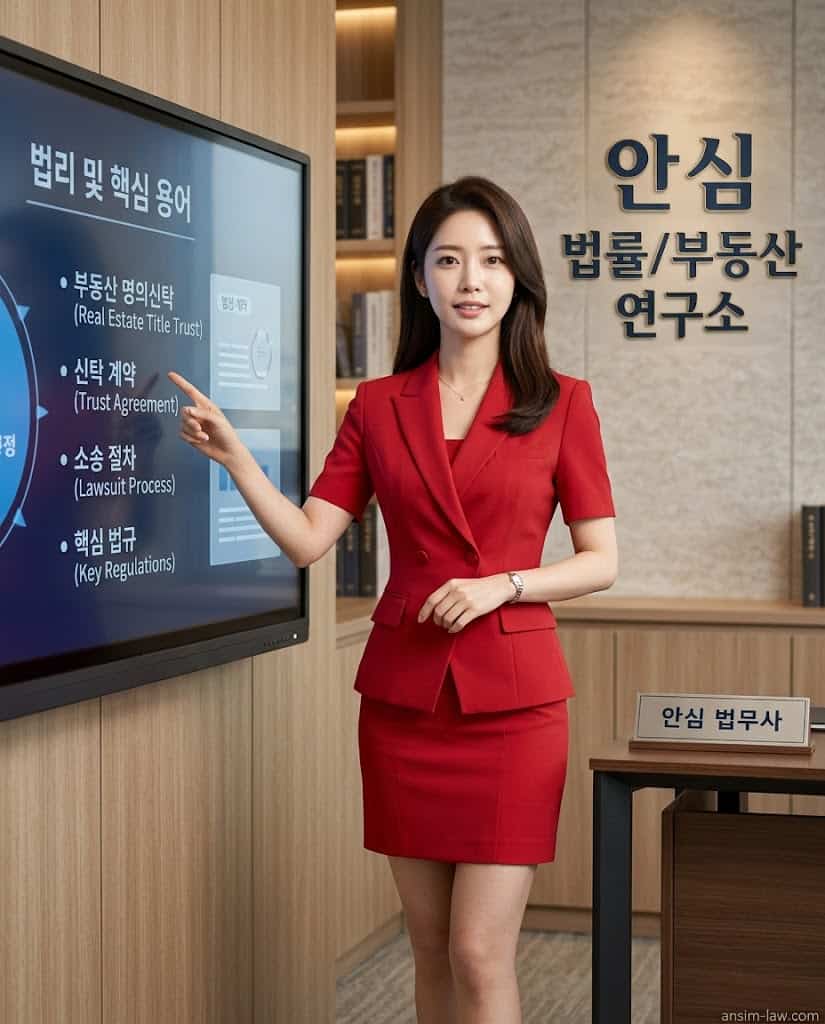 붉은색 정장을 입은 안심 법무사가 명의신탁 소송의 핵심 법률 용어를 짚어주며 설명하는 모습입니다.