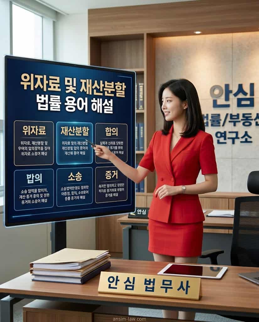 붉은색 정장을 입은 안심 법무사가 상간자 소송의 핵심 법률 용어를 시각 자료와 함께 설명합니다.