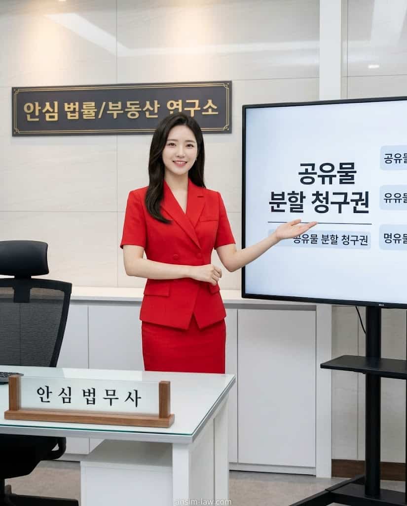 붉은 정장을 입은 안심 법무사가 화면을 보며 공유물 분할 청구권의 강력한 형성권적 성질을 설명하는 모습