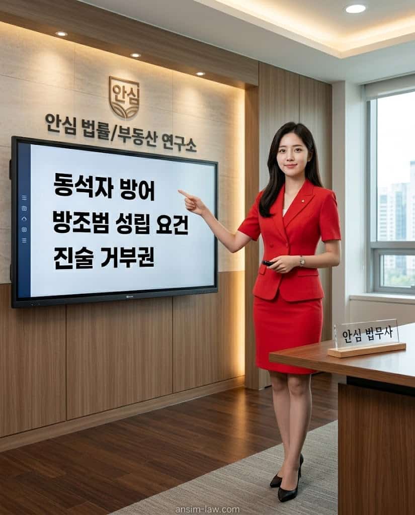 붉은 정장을 입은 안심 법무사가 폭행 방조죄 성립 요건과 방어 전략을 설명하는 모습