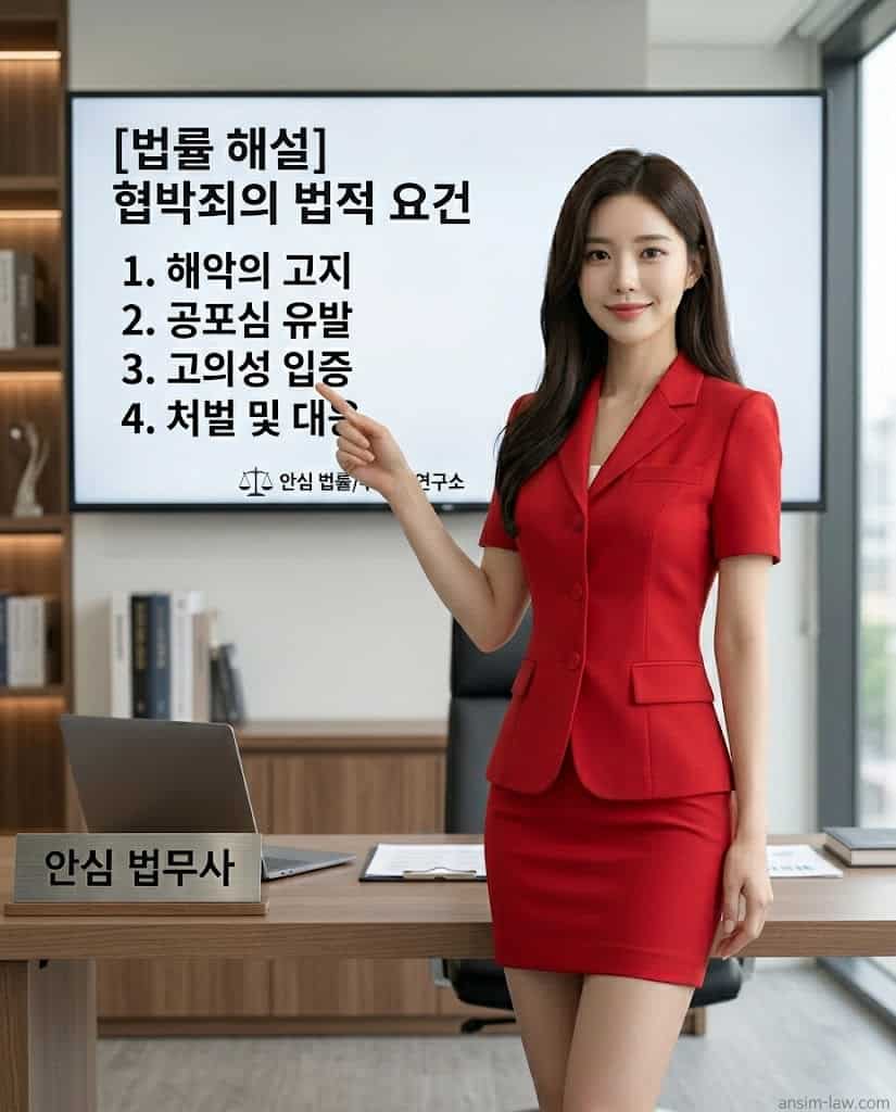 붉은색 정장을 입고 스크린 앞에서 협박죄 쟁점을 설명하는 안심 법무사의 모습