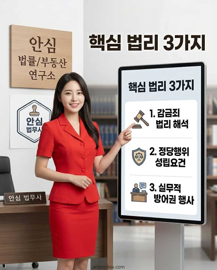 20대 여성 법무사가 붉은색 여름 정장을 입고 스마트 화면의 감금죄 핵심 법리 내용을 설명하는 모습.
