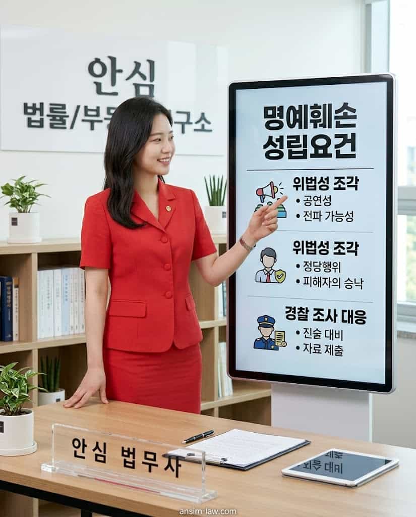 대형 스크린을 통해 사실적시 명예훼손 성립요건과 경찰 조사 대응법을 설명하는 안심 법무사.