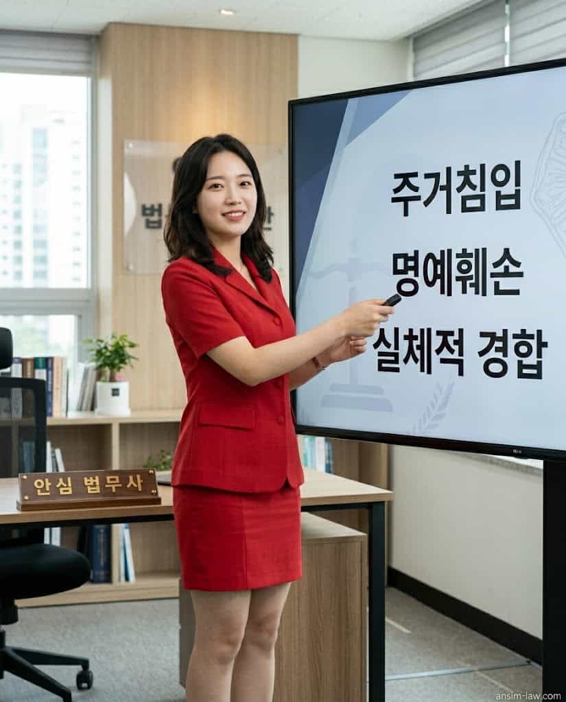 붉은색 정장을 입은 안심 법무사가 실체적 경합 등 핵심 법리를 화면으로 설명하는 모습.