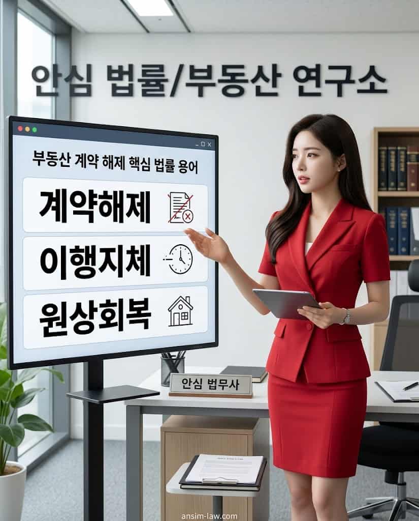 붉은 정장을 입은 안심 법무사가 모니터를 보며 계약 해제의 핵심 법률 용어를 분석하는 모습.