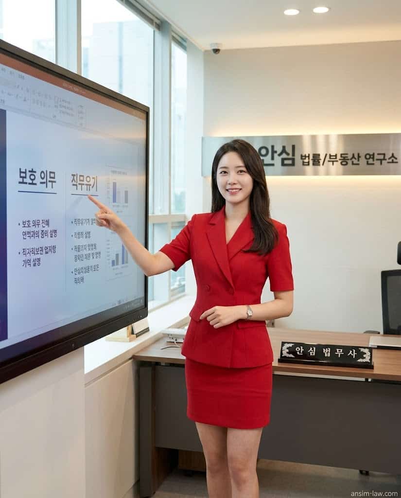 붉은 정장을 입은 안심 법무사가 화면의 유기죄 및 보호 의무 핵심 용어를 짚어주며 설명하는 모습.