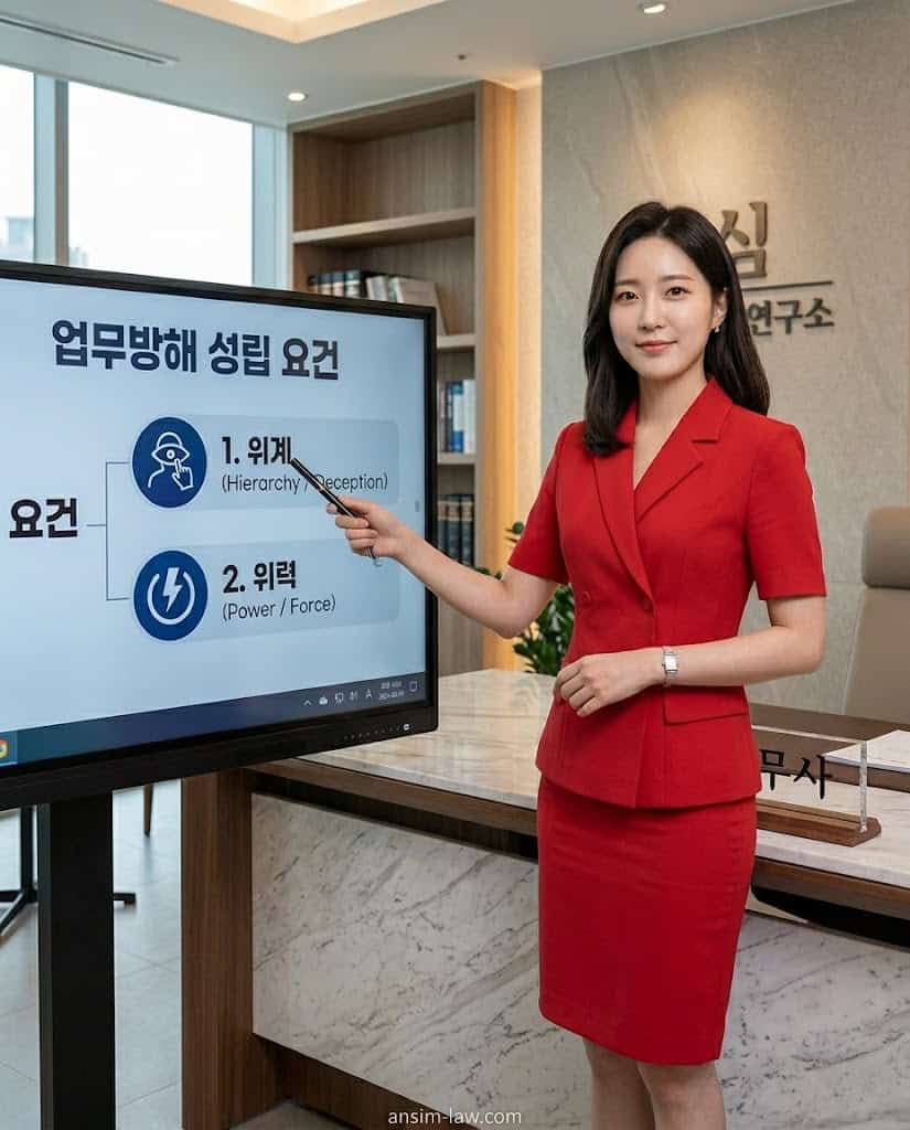 업무방해죄 핵심 성립 요건인 위계 및 위력에 대해 대형 화면을 보며 상세히 설명하는 안심 법무사