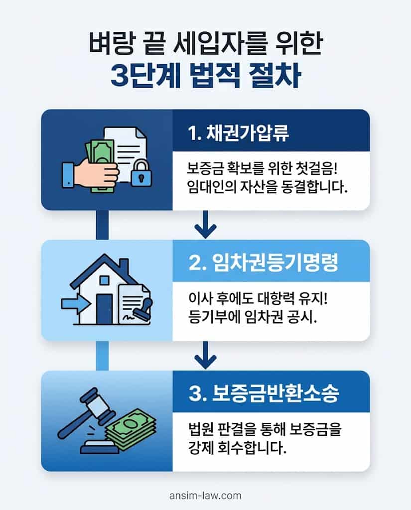 보증금 반환을 위한 가압류, 임차권등기, 반환소송 3단계 핵심 절차 안내 인포그래픽