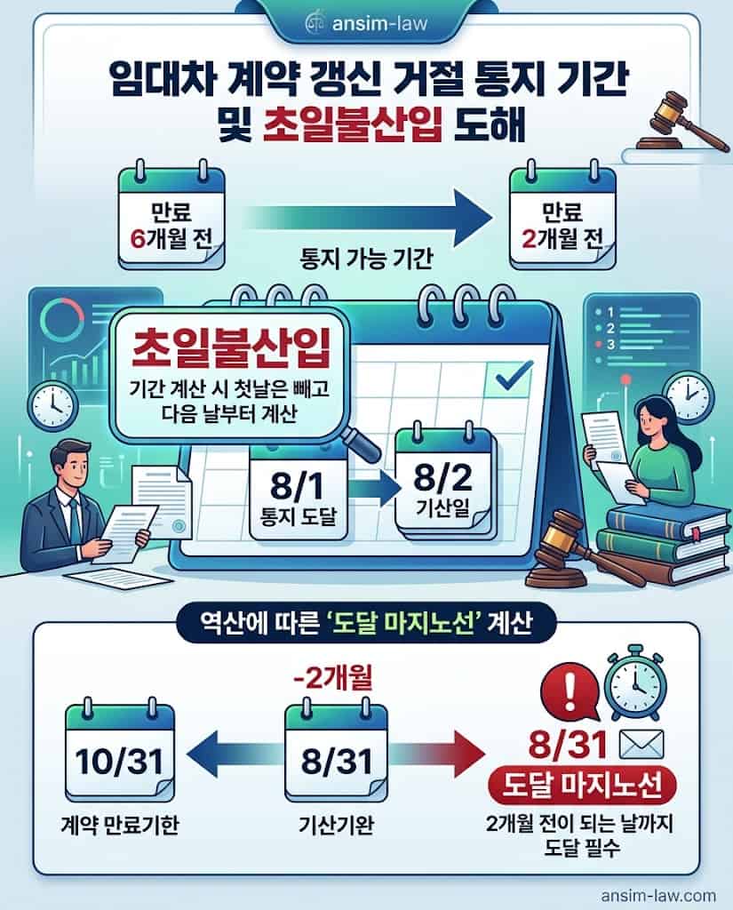 임대차 만료 6개월 전부터 2개월 전까지의 계약갱신요구권 행사 기간 도달 마지노선 타임라인