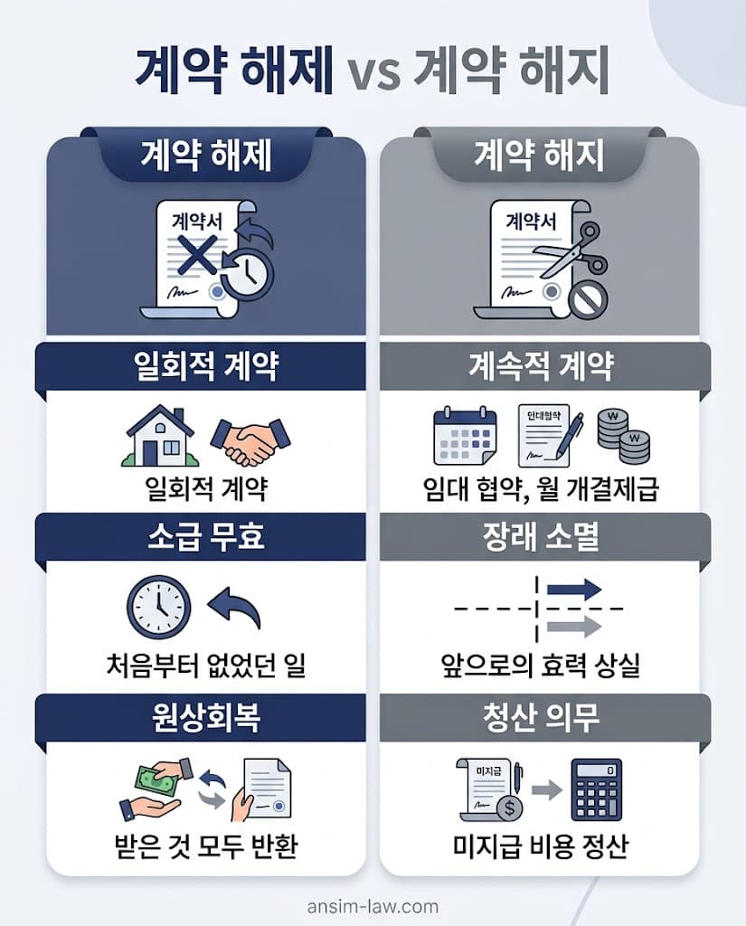 일회적 계약의 해제와 계속적 계약의 해지 차이점을 직관적으로 비교한 요약 표입니다.