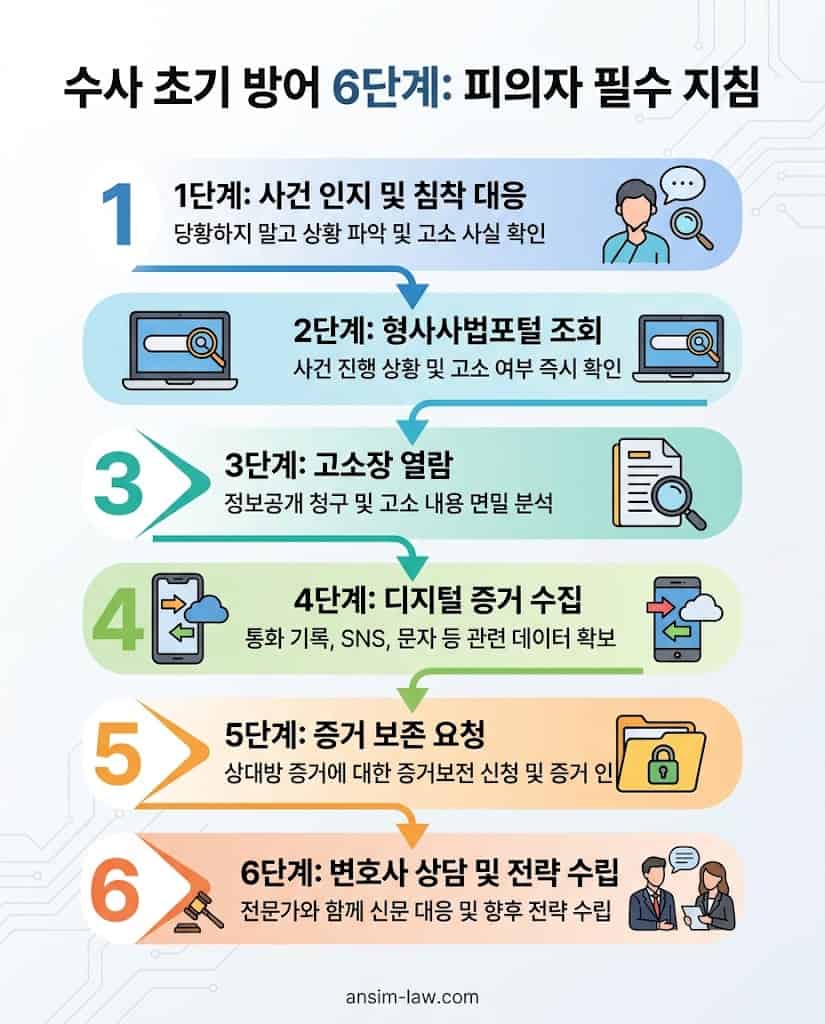 경찰 수사 초기 단계 피의자 필수 방어 행동 요령 6단계 플로우차트