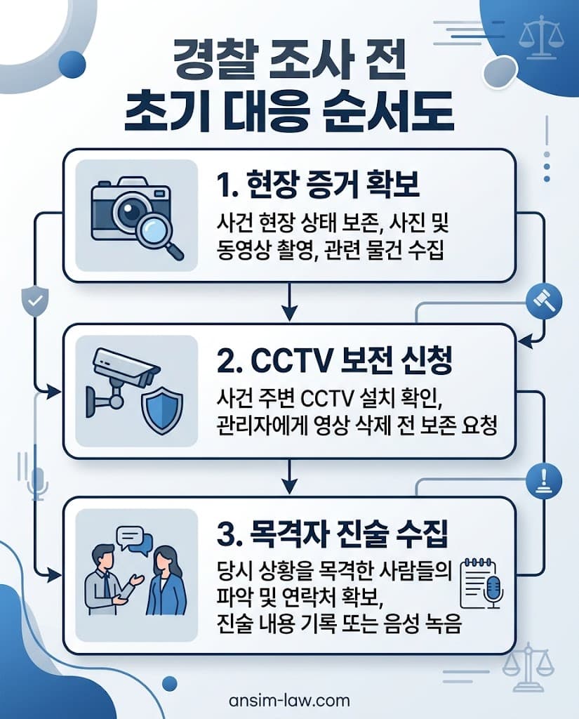 사건 발생 직후 CCTV 보전 및 증거 수집 초기 대응 절차를 보여주는 순서도입니다.