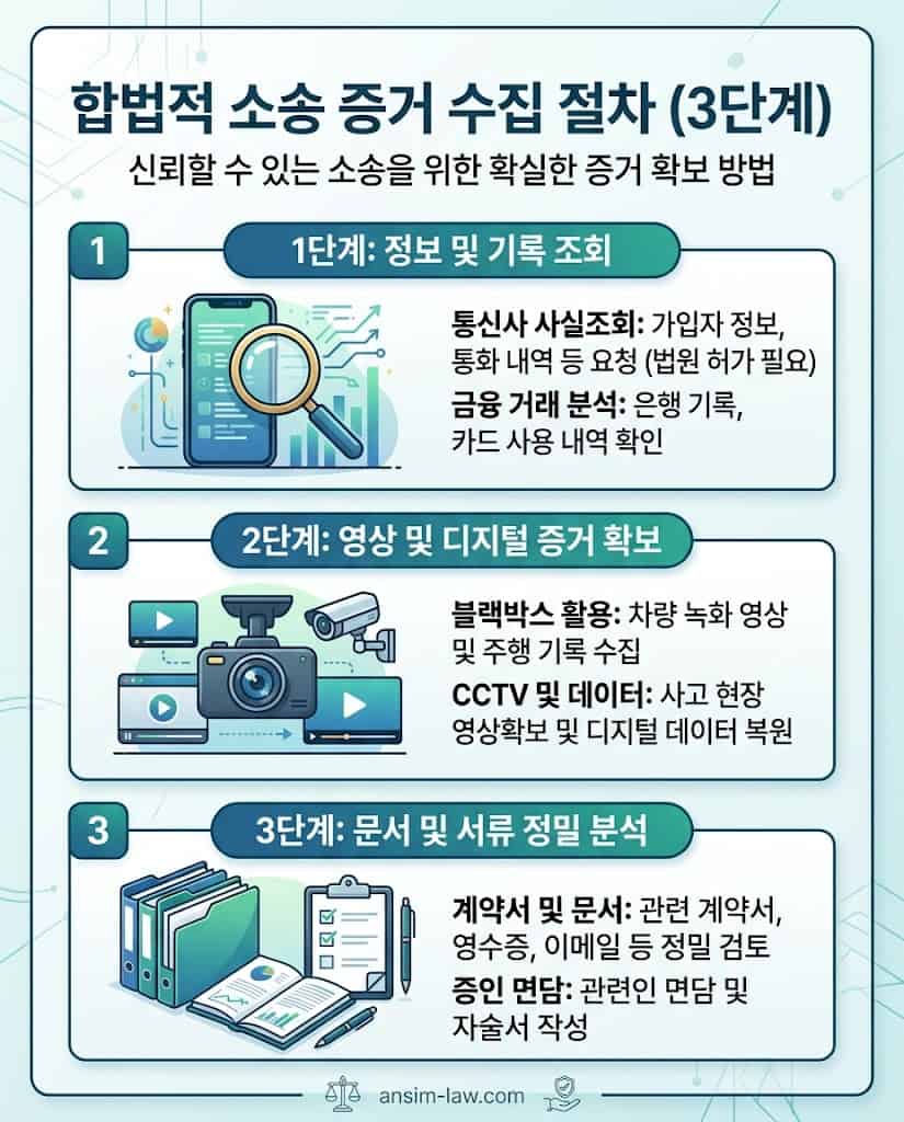 통신사 사실조회 등 합법적인 상간자 위자료 청구 소송 증거 수집 절차를 담은 인포그래픽입니다.