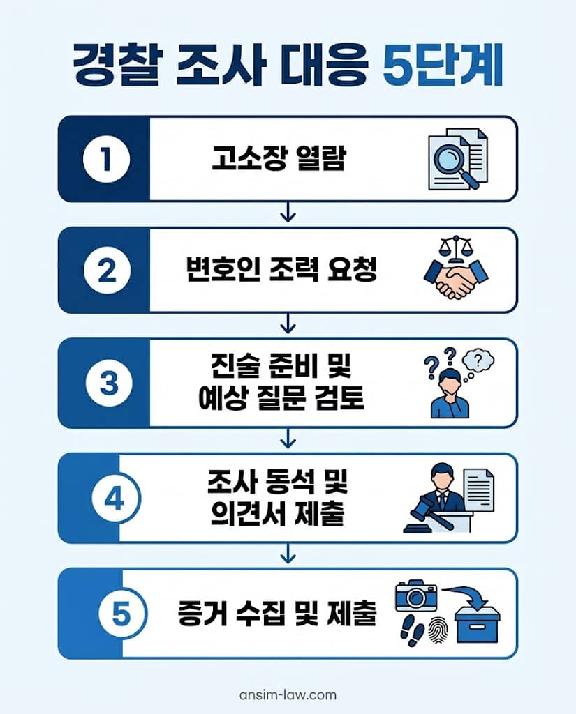 경찰 조사 전 고소장 열람부터 진술 일관성 유지까지 수사 대응 5단계 핵심 요령 인포그래픽.