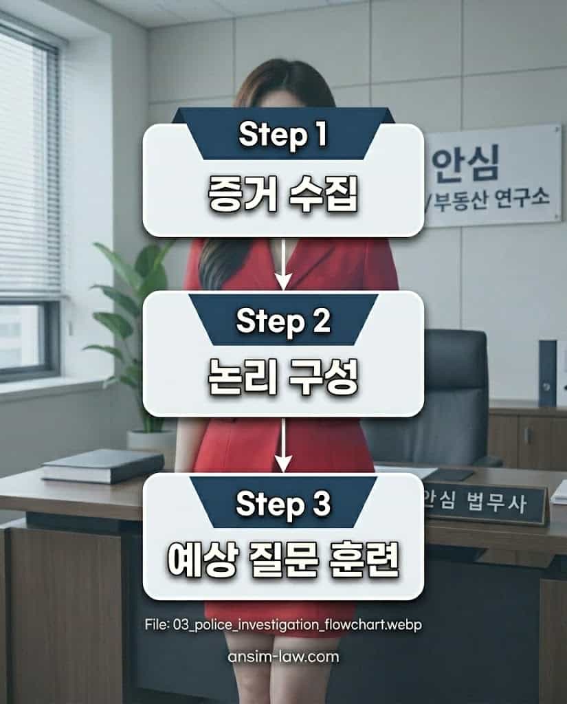 경찰 출석 전 피의자가 반드시 거쳐야 할 핵심 방어 준비 3단계 플로우차트