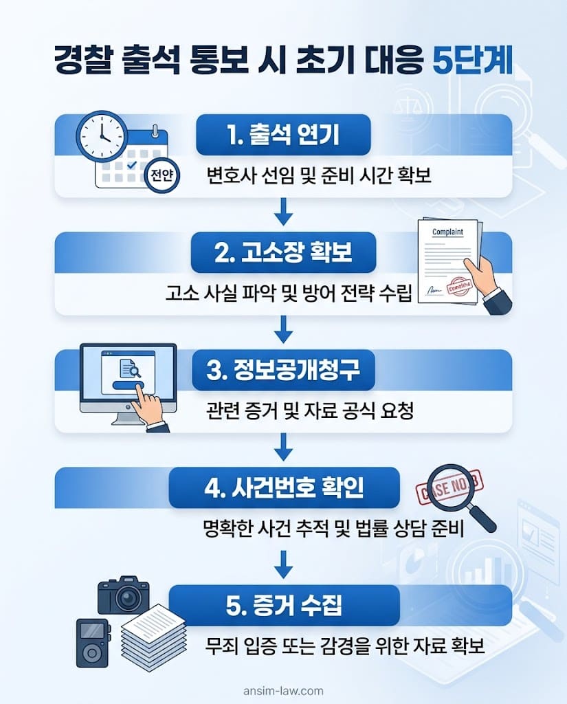 경찰 출석 통보 시 피의자가 취해야 할 초기 대응 5단계 플로우차트 인포그래픽.