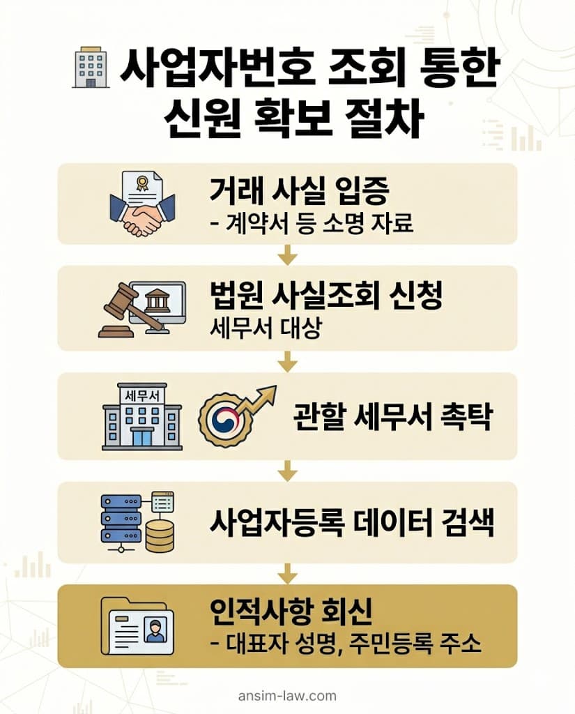 사업자등록번호를 활용해 채무자의 신원을 확보하는 세무서 사실조회 플로우차트.