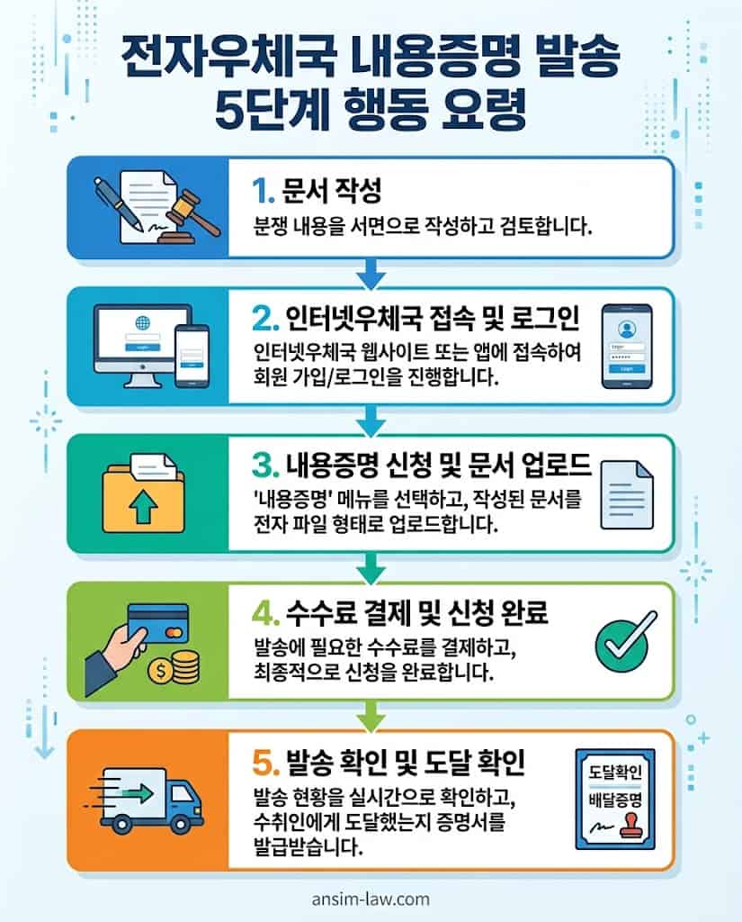 전자우체국을 활용한 내용증명 작성부터 발송, 도달 확인까지의 5단계 실무 절차를 요약한 표입니다.
