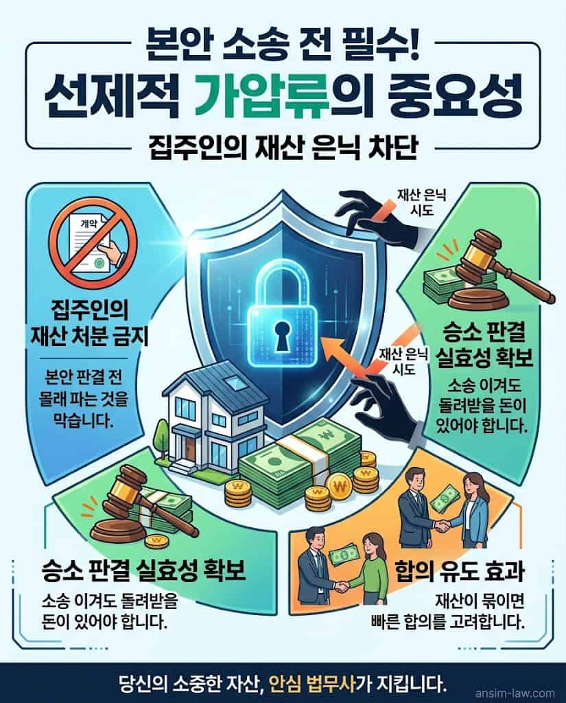 소송 전 채무자 재산 은닉을 막기 위한 선제적 가압류의 중요성을 나타낸 그래픽