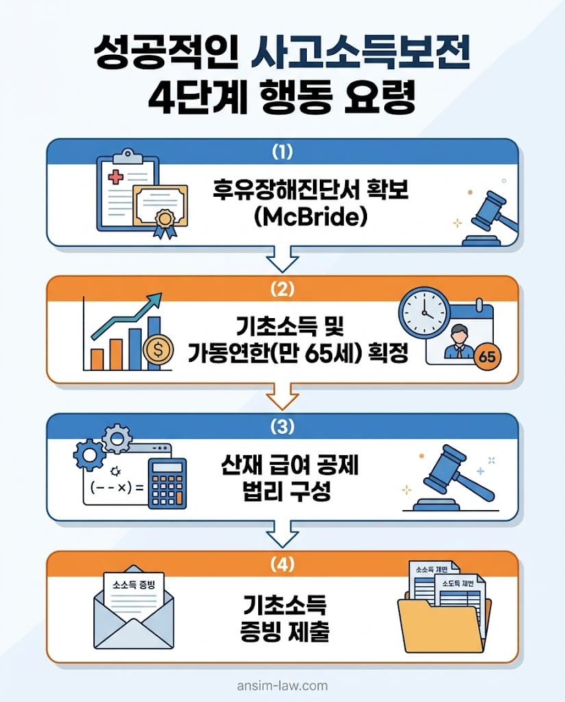 정밀 장해 진단부터 입증까지 사고소득보전을 위한 4단계 행동 요령 플로우챠트.