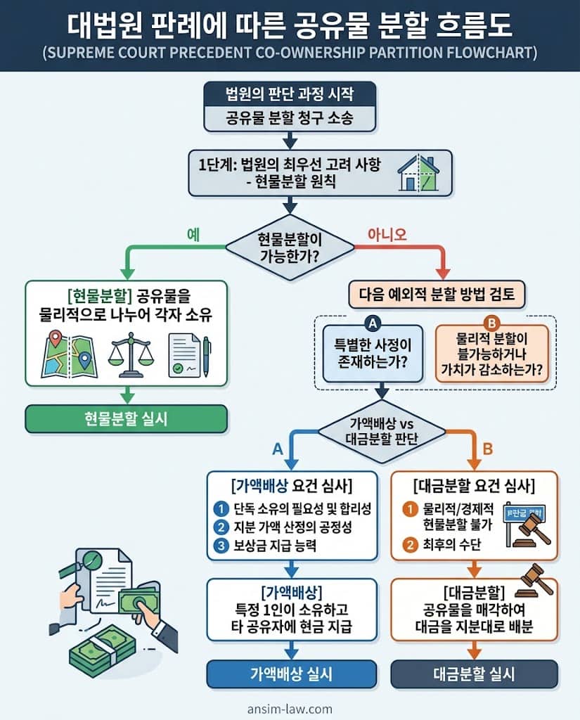 2025년 대법원 판례에 기반한 현물분할 우선 원칙과 전면적 가액보상의 엄격한 적용 요건을 보여주는 흐름도