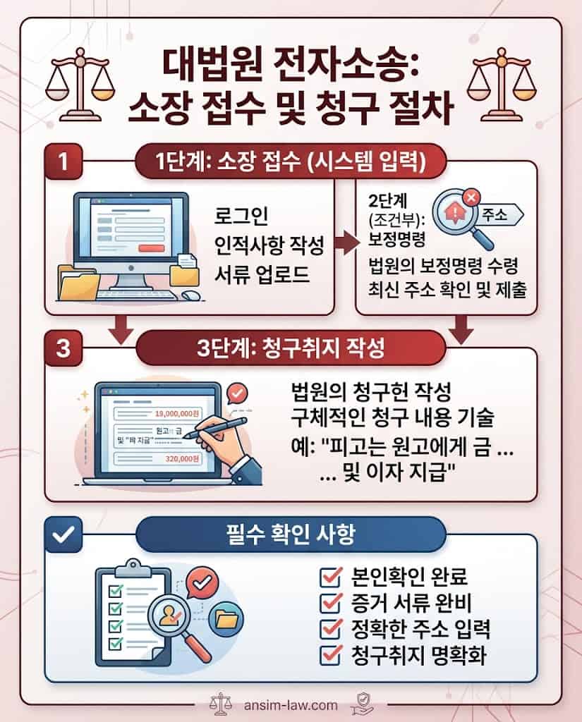 대법원 전자소송을 통한 소장 접수 및 정밀한 청구취지 작성 순서를 안내하는 플로우차트입니다.