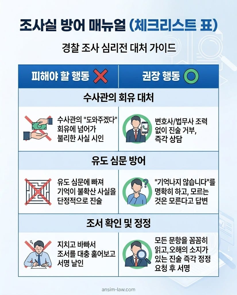 경찰 조사 시 유도 심문 대처 및 피의자신문조서 확인 요령을 담은 체크리스트.
