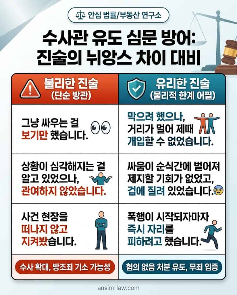 공동폭행과 폭행 방조죄의 처벌 수위 및 무혐의 여부를 비교 분석한 시각화 자료