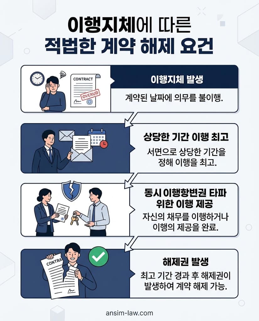 이행지체 시 계약 해제를 위해 필요한 이행 최고와 이행 제공 절차를 나타낸 흐름도.