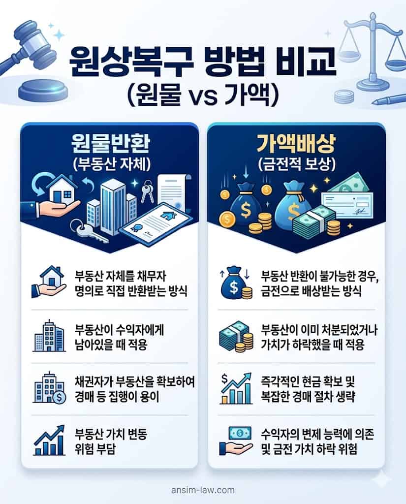 부동산 원물반환과 가액배상 방식의 차이점 및 선택 기준 비교