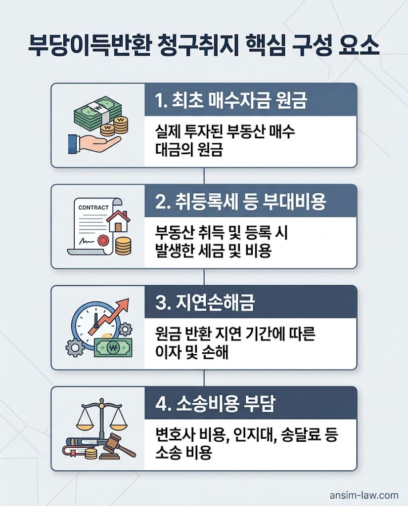 원금, 부대비용, 지연손해금 등 부당이득반환 청구취지에 십 원 단위까지 정확히 포함되어야 할 항목입니다.